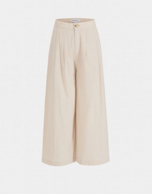 Urban Revivo Pleated Wide Leg Cropped Women's Pants Khaki | OULHRBE-84