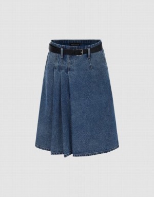 Urban Revivo Pleated With Belt Women's Denim Skirt Blue | TPGWCSZ-93