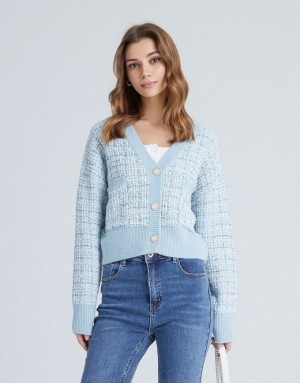 Urban Revivo Pocket Tweed Plaid Women's Cardigan Light Blue | QLICUHJ-71