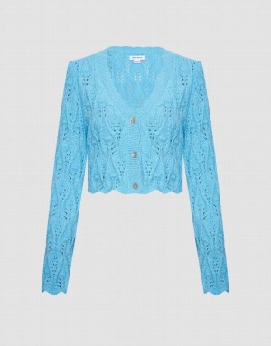 Urban Revivo Pointelle Button Up Women's Cardigan Blue | BUQTSME-83