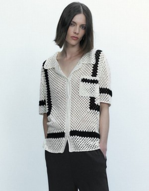 Urban Revivo Pointelle Lapel Knitted Women's Cardigan White | ZVBCRWF-45