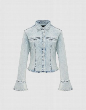 Urban Revivo Press Button Denim Women's Shirts Blue | FOKTWIE-89