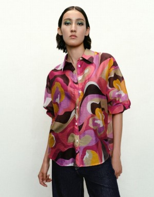 Urban Revivo Printed Button Up Lapel Women's Shirts Multicolor | EBARYDZ-48