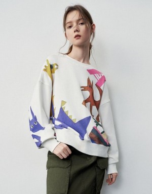 Urban Revivo Printed Crew Neck Loose Women's Sweatshirts White | YXCGION-02