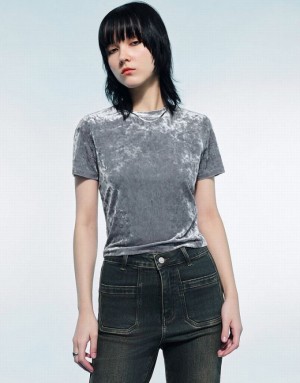 Urban Revivo Printed Crew Neck Skinny Women's T-Shirts Light Grey | BQKLRNH-12