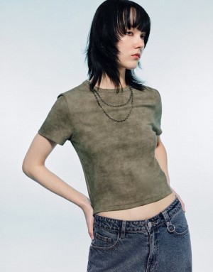 Urban Revivo Printed Crew Neck Skinny Women's T-Shirts Olive | TGXANUW-63