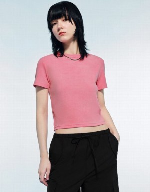 Urban Revivo Printed Crew Neck Skinny Women's T-Shirts Pink | YMANQBV-17