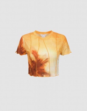 Urban Revivo Printed Crew Neck Skinny Women's T-Shirts Orange | GFTRKZX-23