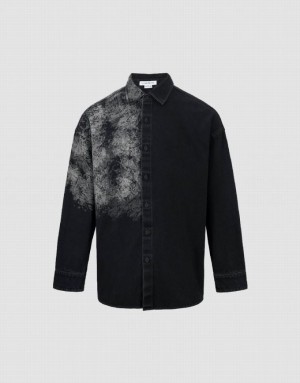 Urban Revivo Printed Loose Denim Men's Shirts Black | AOERNVB-41