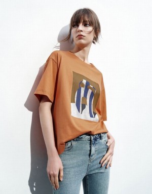 Urban Revivo Printed Loose Women's T-Shirts Orange | RIMKGHV-80