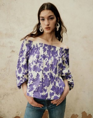 Urban Revivo Printed Off-Shoulder Overhead Women's Blouse Purple | XDEWFYV-14