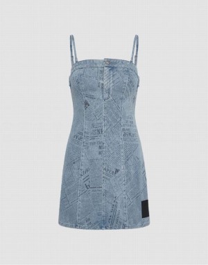 Urban Revivo Printed Strappy Women's Denim Dress Blue | MSGFNIW-15