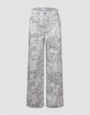 Urban Revivo Printed Wide-Leg Women's Jeans White | BCSIVPJ-80