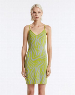 Urban Revivo Printed Women's Knitted Dress Green | RHFQBOX-87