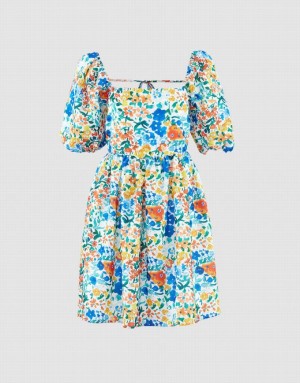 Urban Revivo Puff Sleeve Floral Print Women's Casual Dress Blue | UVYFJHB-36