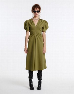 Urban Revivo Puff Sleeve Ruched Women's Casual Dress Green | RUBYIMZ-74