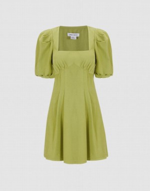 Urban Revivo Puff Sleeve Square Neck Women's Denim Dress Green | ESPZHKY-04