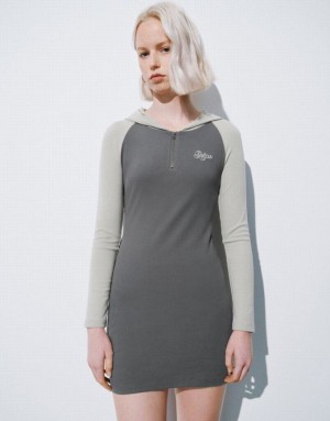 Urban Revivo Raglan Sleeve Hooded Skinny Women's Dress Grey | FCKQJBW-13