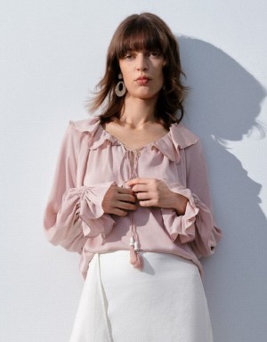 Urban Revivo Raglan Sleeve Ruffle Overhead Women's Blouse Pink | TRZGXYP-58