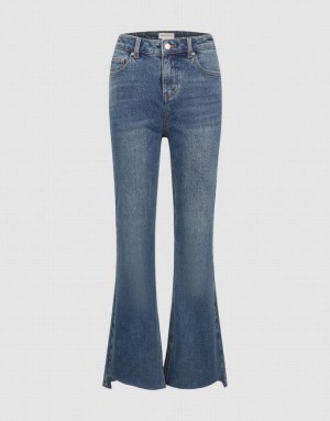 Urban Revivo Raw Hem Flare Women's Jeans Blue | FVZQHOC-57