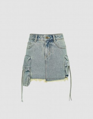 Urban Revivo Raw Hem Mini Women's Denim Skirt Blue | CZWFAGY-08