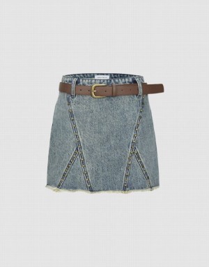 Urban Revivo Raw Hem Mini Women's Denim Skirt Blue | HKAMFPY-62