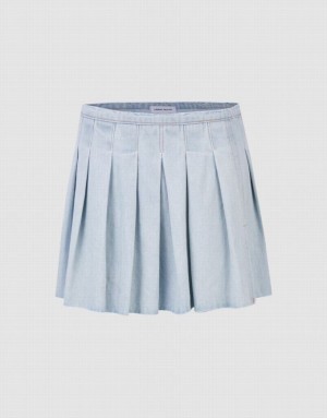 Urban Revivo Raw Hem Pleated Mini Women's Denim Skirt Blue | LTEKMIA-39