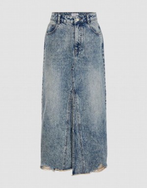 Urban Revivo Raw Hem Split A-Line Women's Denim Skirt Blue | APGICDT-01