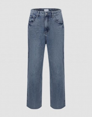 Urban Revivo Raw Hem Straight Men's Jeans Blue | NOLTZSW-95