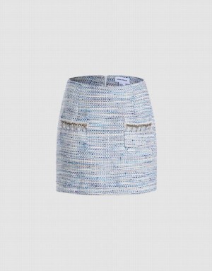 Urban Revivo Raw Hem Tweed Women's Skirts Blue | BMHXZOF-41