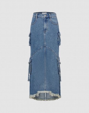 Urban Revivo Raw Hem With Pockets Women's Denim Skirt Blue | QIJEVRZ-52