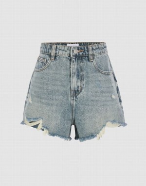 Urban Revivo Raw Hem Women's Denim Shorts Blue | HKAIQRE-30