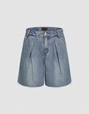 Urban Revivo Raw Hem Women's Denim Shorts Blue | ZINURSB-90