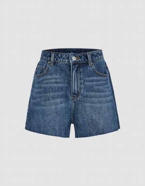 Urban Revivo Raw Hem Women's Denim Shorts Blue | NBAILUM-18