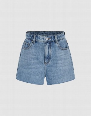 Urban Revivo Raw Hem Women's Denim Shorts Blue | GXLRKUW-40