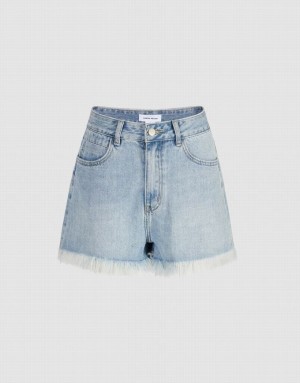 Urban Revivo Raw Hem Women's Denim Shorts Blue | MHZLKFD-01