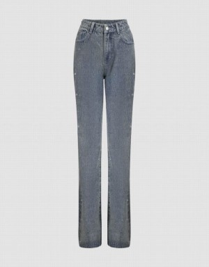 Urban Revivo Rhinestone Decor Flare Women's Jeans Blue | UHILWDY-71