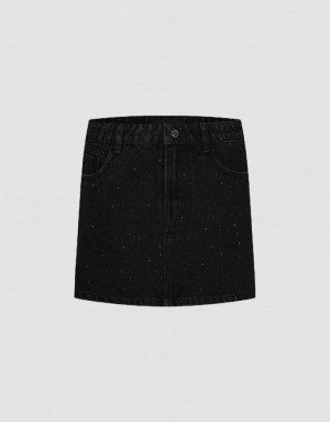 Urban Revivo Rhinestone Decor Mini Straight Women's Denim Skirt Black | VHKSBUP-17