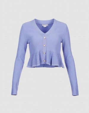 Urban Revivo Ribbed Knit Button Front Knitted Top Women's Cardigan Blue | NFKDTUW-26