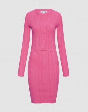 Urban Revivo Ribbed Slinky Bodycon Women's Knitted Dress Pink | RFOKUHW-79