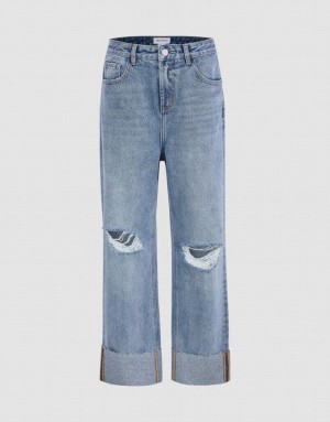 Urban Revivo Ripped Straight Women's Jeans Blue | PIRZDQS-35