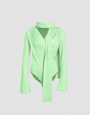 Urban Revivo Ruched Bow Neck Skinny Women's T-Shirts Green | DXURIBA-20