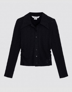 Urban Revivo Ruched Button Up Fitted Women's Shirts Black | BVKWENC-05