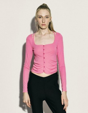 Urban Revivo Ruched Crew Neck Knitted Top Women's Shirts Pink | XKYAHQV-84