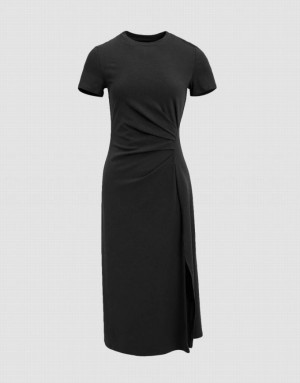 Urban Revivo Ruched Crew Neck Straight Women's Dress Black | YTLWKOV-43