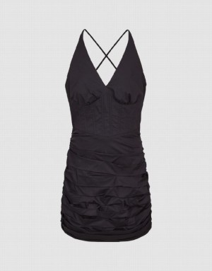 Urban Revivo Ruched Sleeveless V-Neck Skater Women's Short Dress Black | KSXEPAT-31