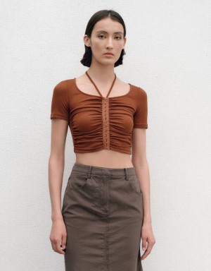 Urban Revivo Ruched U Neck Skinny Women's T-Shirts Brown | GASDJRI-01