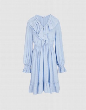 Urban Revivo Ruffle Hem V Neck Women's Casual Dress Blue | RCNADKQ-57