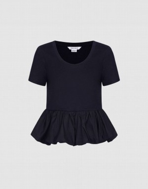 Urban Revivo Ruffle Hem Women's T-Shirts Black | SROZQTD-49