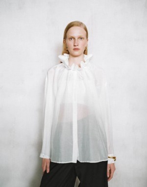 Urban Revivo Ruffle Lapel Women's Shirts White | NAEKXYZ-53